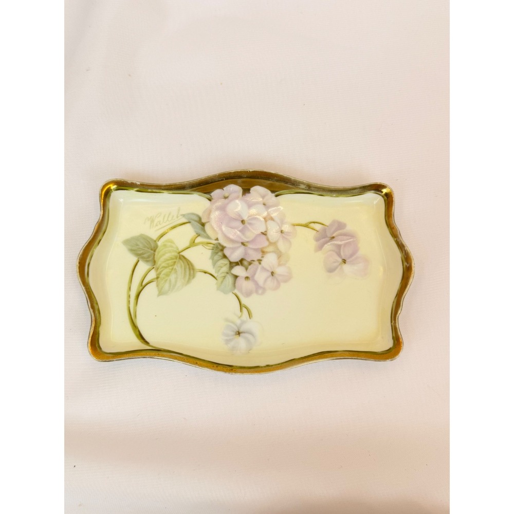 Antique RS Germany Hand Painted Porcelain Floral Trinket Dish Gold Rim Signed